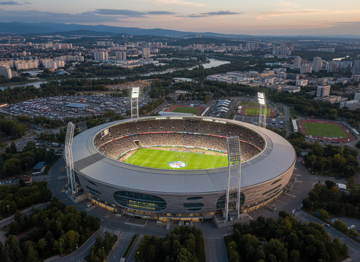 Luftaufnahme eines modernen, ovalen Fußballstadions bei Sonnenuntergang, umgeben von Parkplätzen, Sportanlagen und einer urbanen Stadtlandschaft mit Fluss und Bergen im Hintergrund.